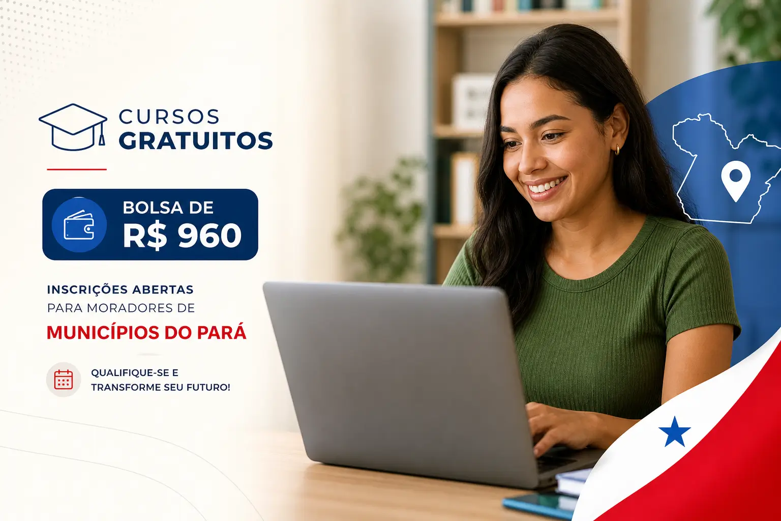 Mulher sorridente com laptop promovendo cursos gratuitos no Pará