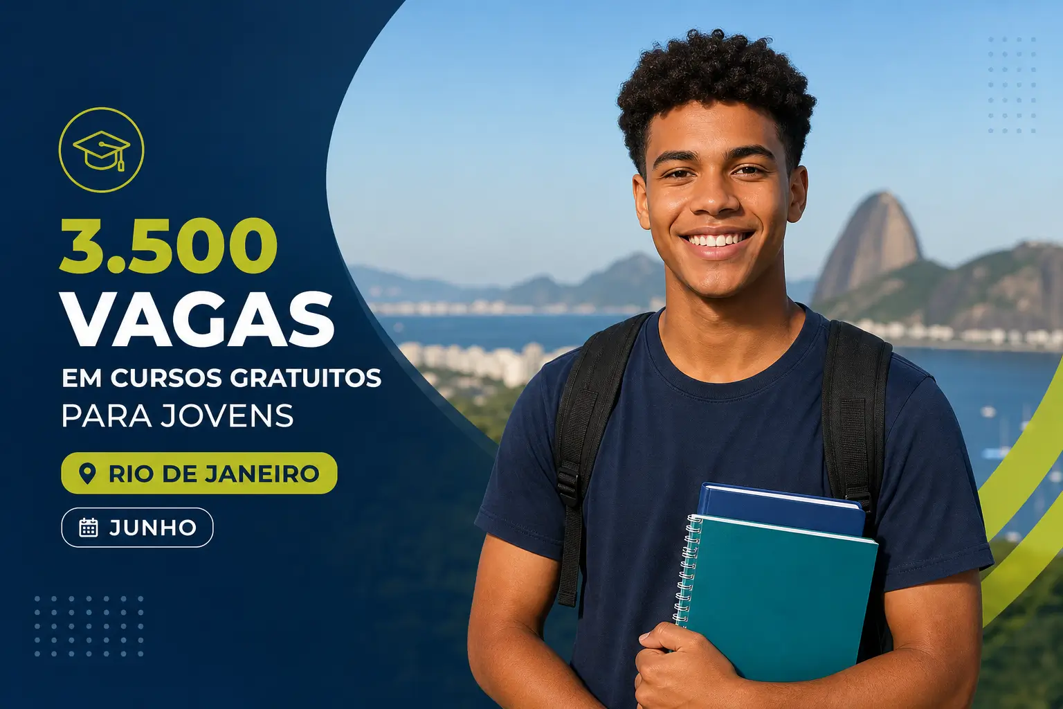 Jovem brasileiro alegre com cadernos em evento educativo ao ar livre