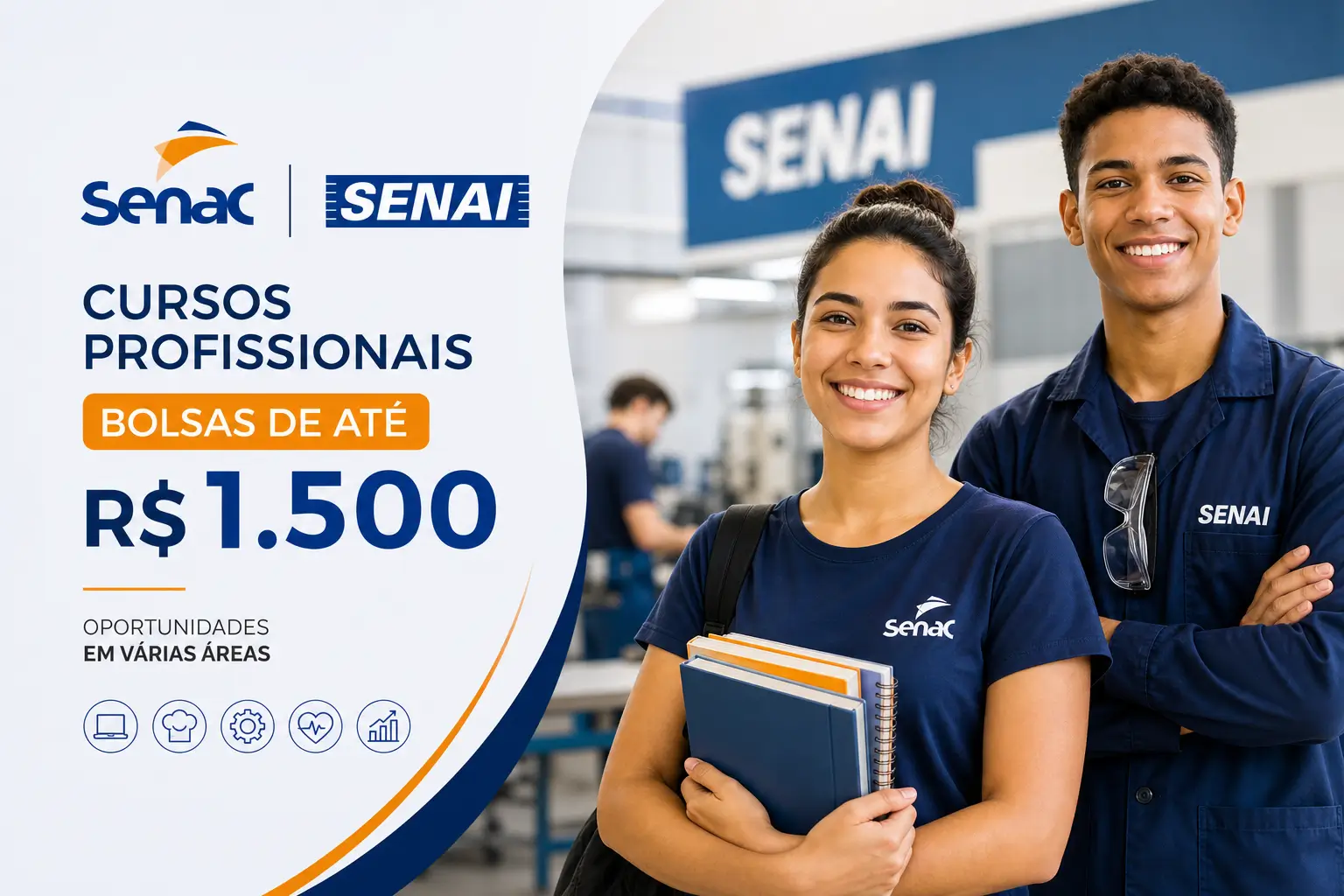 Jovens felizes em ambiente industrial com cursos profissionais Senac Senai