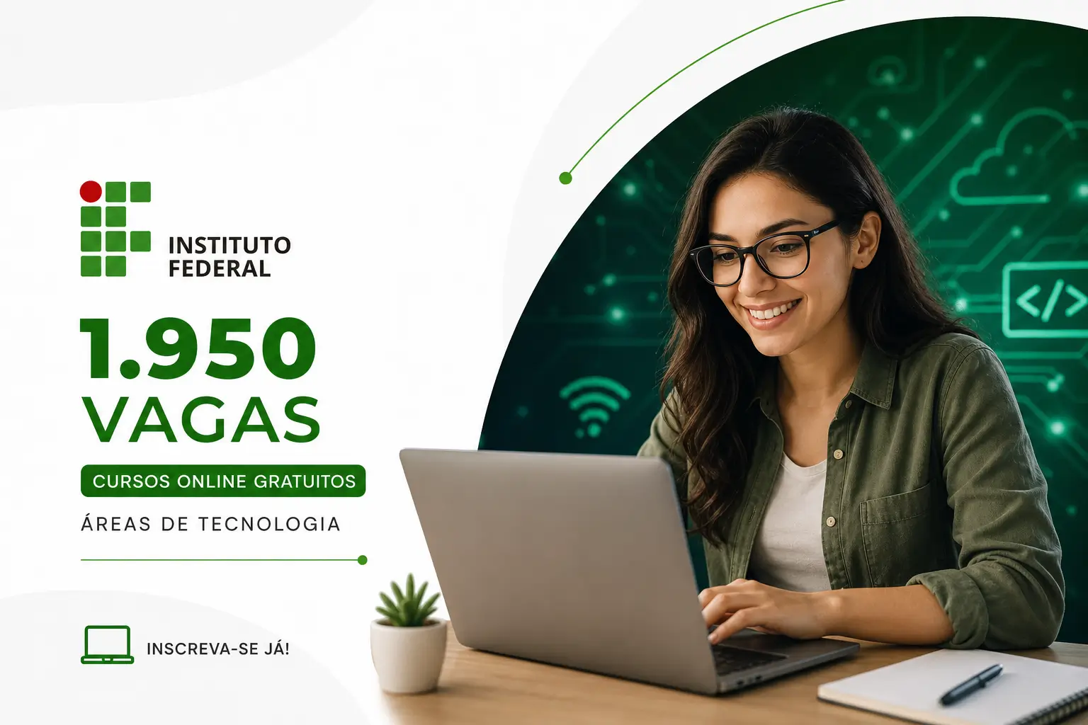 Mulher jovem estudando em laptop para cursos gratuitos 2026