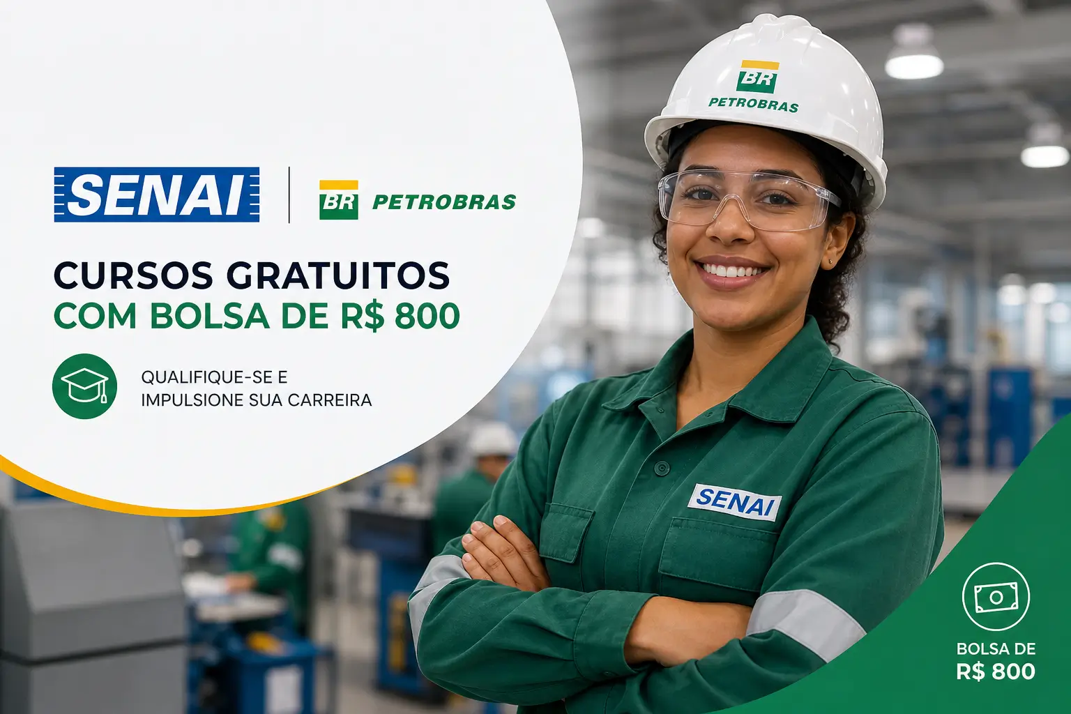 Mulher com capacete no SENAI promovendo cursos gratuitos
