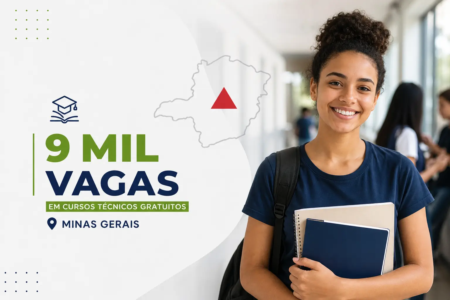 Jovem mulher com livros e mochila, curso técnico MG 2026
