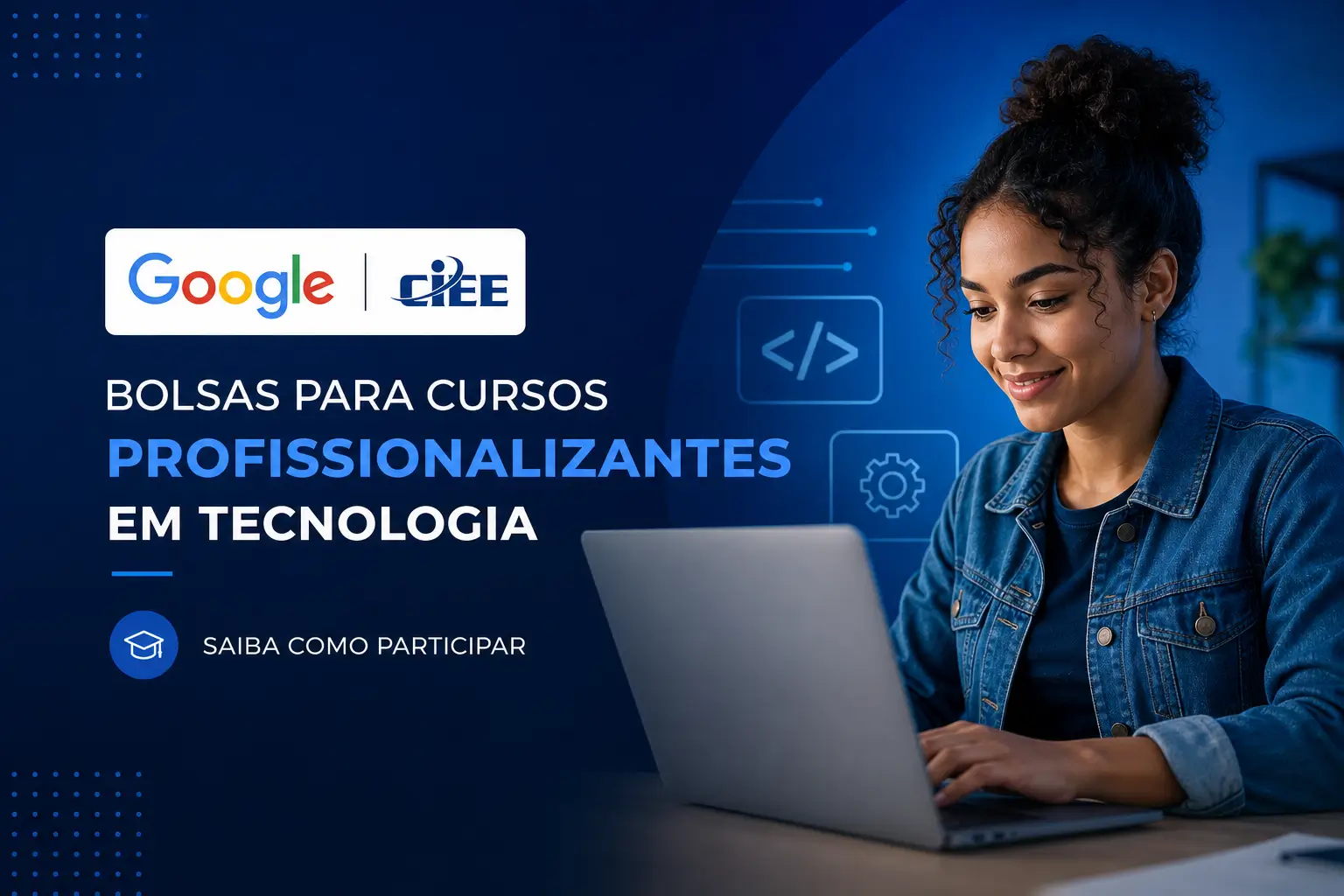Mulher jovem sorridente com laptop em bolsa de estudo CIEE