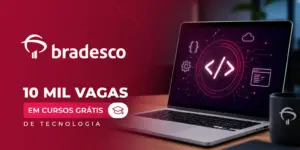 Laptop com interface tecnológica e logo Bradesco, cursos grátis