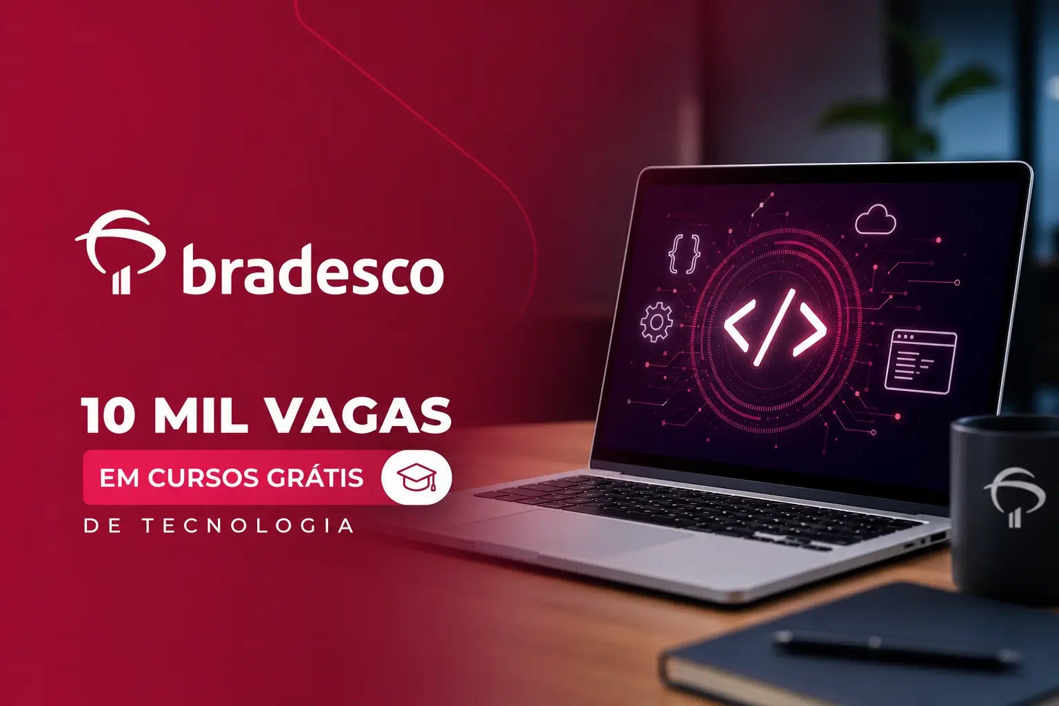 Laptop com interface tecnológica e logo Bradesco, cursos grátis
