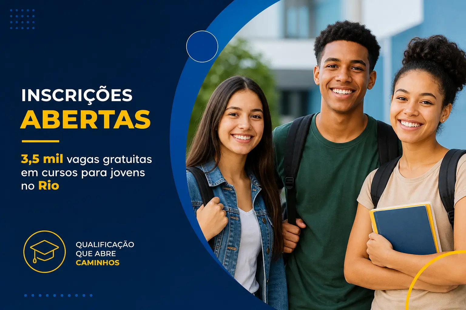 Jovens adultos sorrindo em ambiente escolar com livro, inscrições abertas