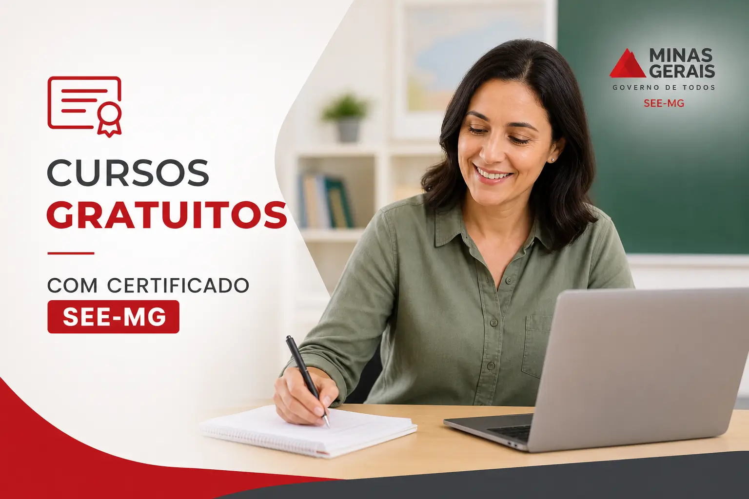 Mulher escrevendo sobre cursos gratuitos com certificado SEE-MG