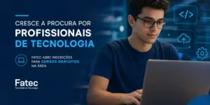 Jovem focado no laptop com ícones tecnológicos, curso Fatec 2026