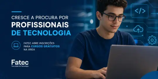 Jovem focado no laptop com ícones tecnológicos, curso Fatec 2026