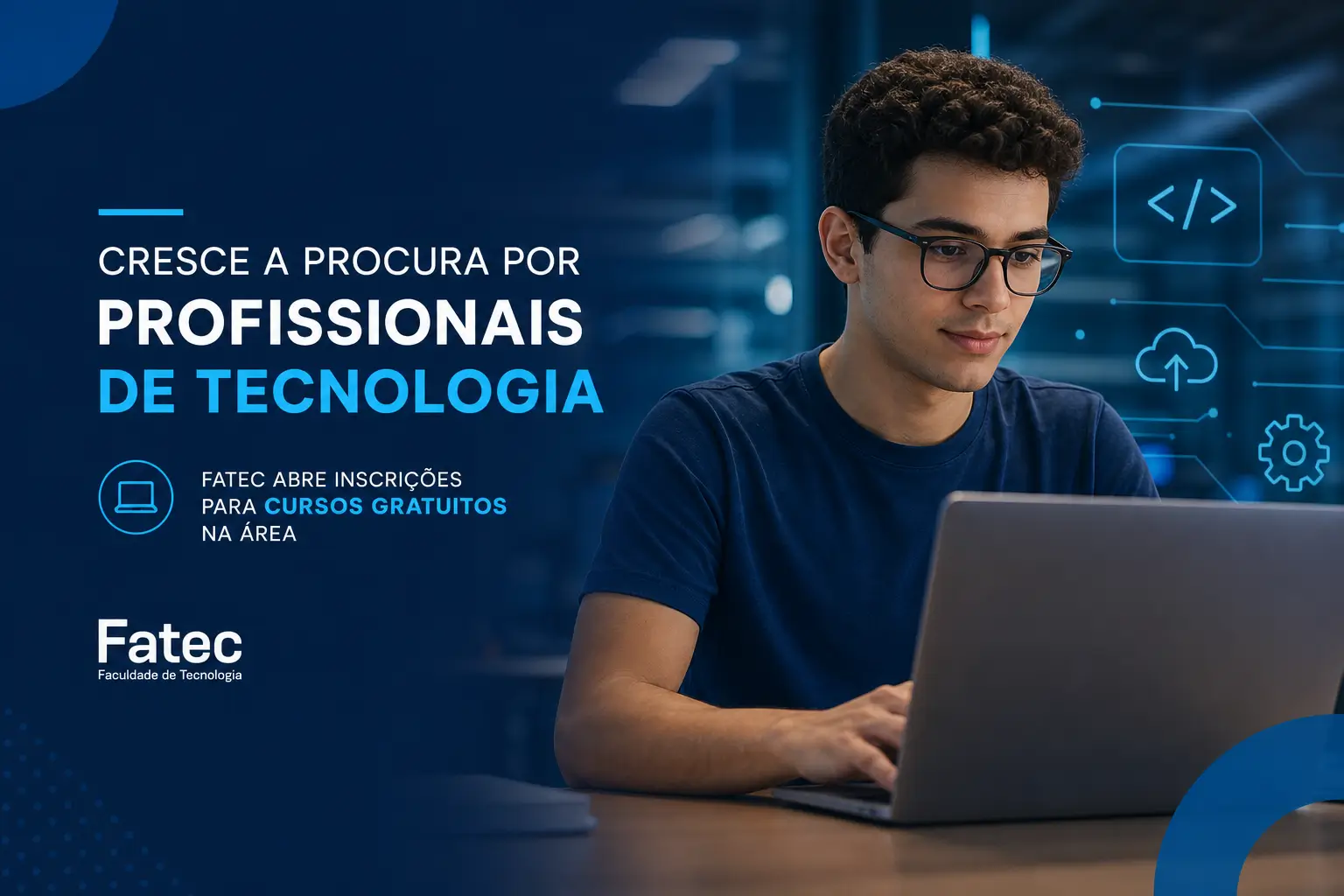 Jovem focado no laptop com ícones tecnológicos, curso Fatec 2026
