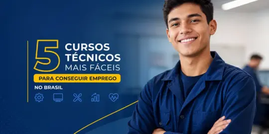 Jovem sorrindo em uniforme azul - 5 CURSOS TÉCNICOS FÁCEIS