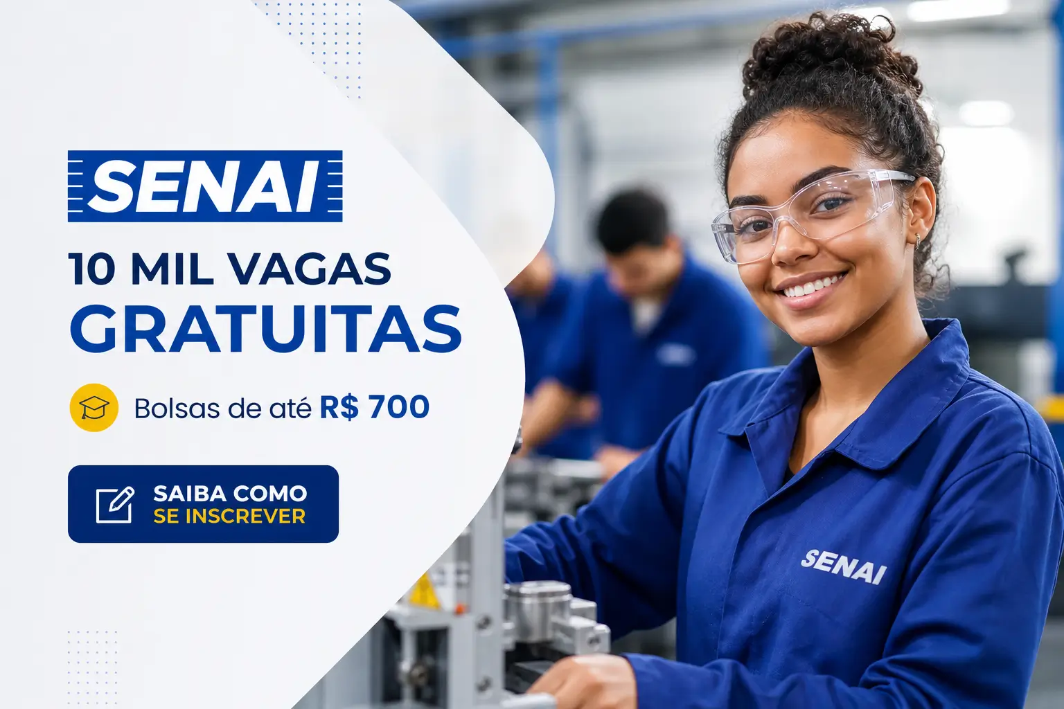 Jovem mulher no SENAI trabalhando em maquinário, 10 mil vagas 2026