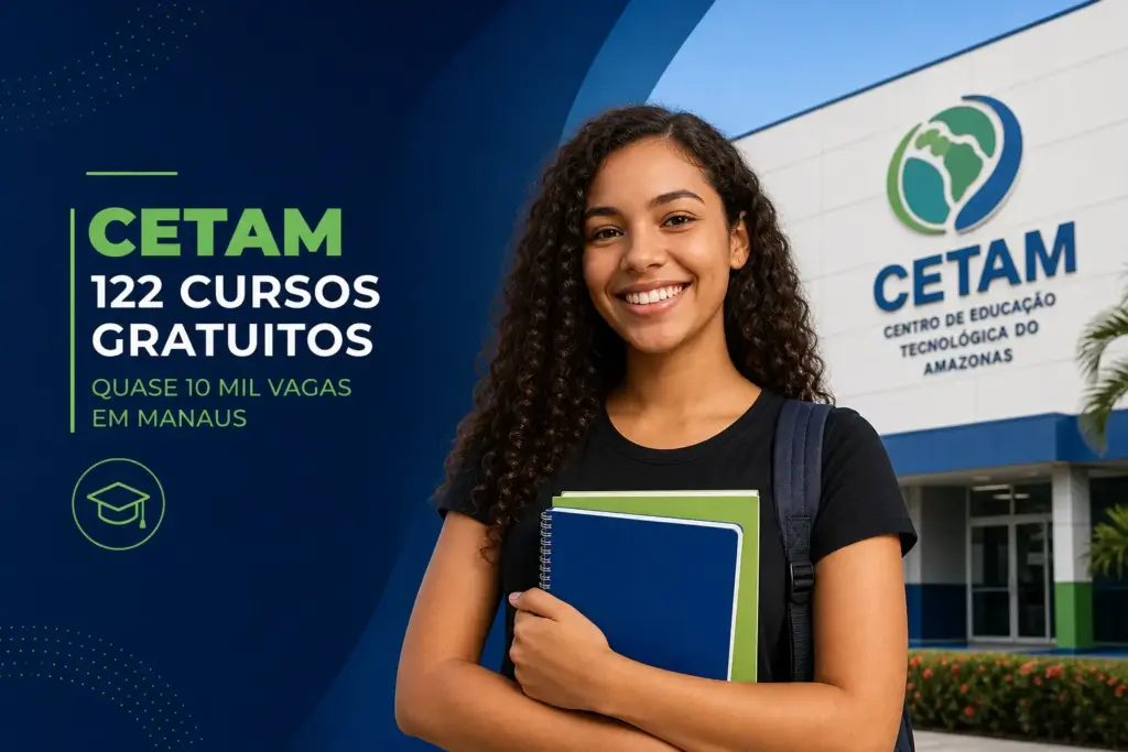 Jovem segurando cadernos na frente do CETAM com cursos gratuitos 2026