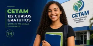 Jovem segurando cadernos na frente do CETAM com cursos gratuitos 2026