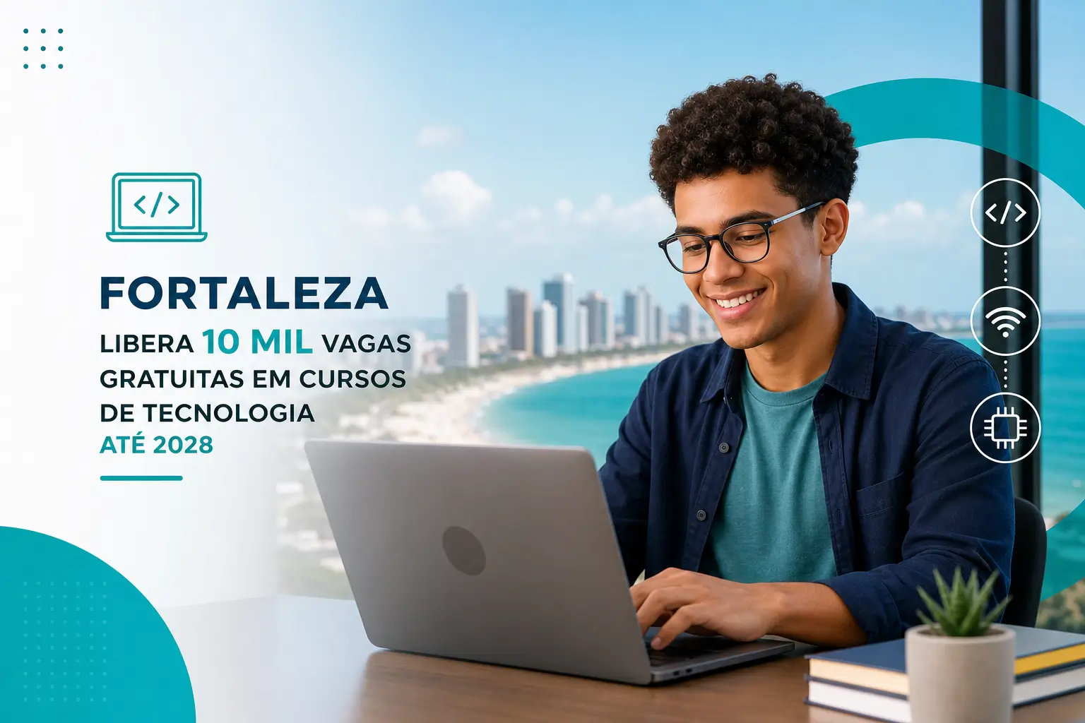 Jovem sorrindo no laptop com texto sobre cursos gratuitos em Fortaleza