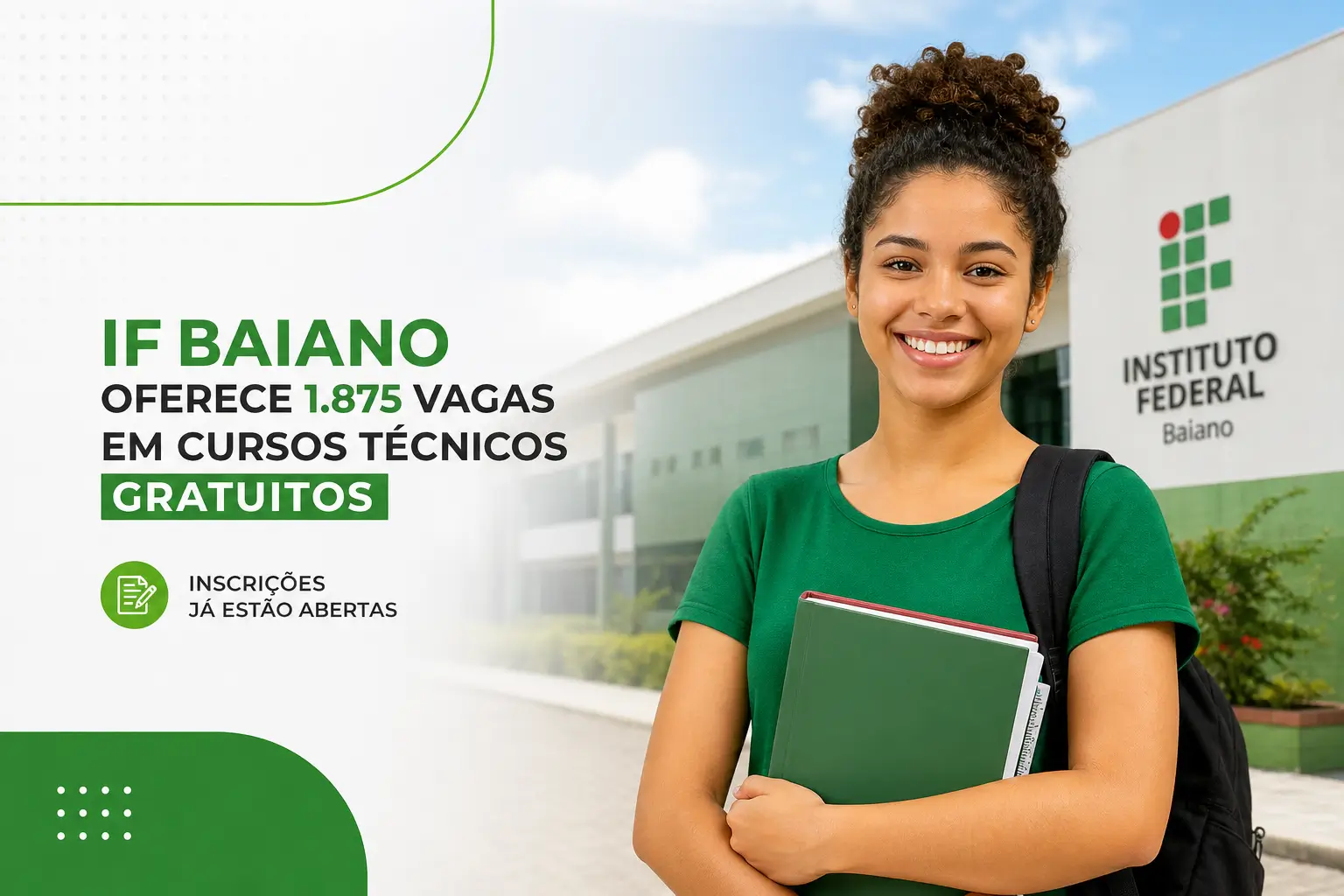 Jovem sorridente em frente ao Instituto Federal Baiano com livros