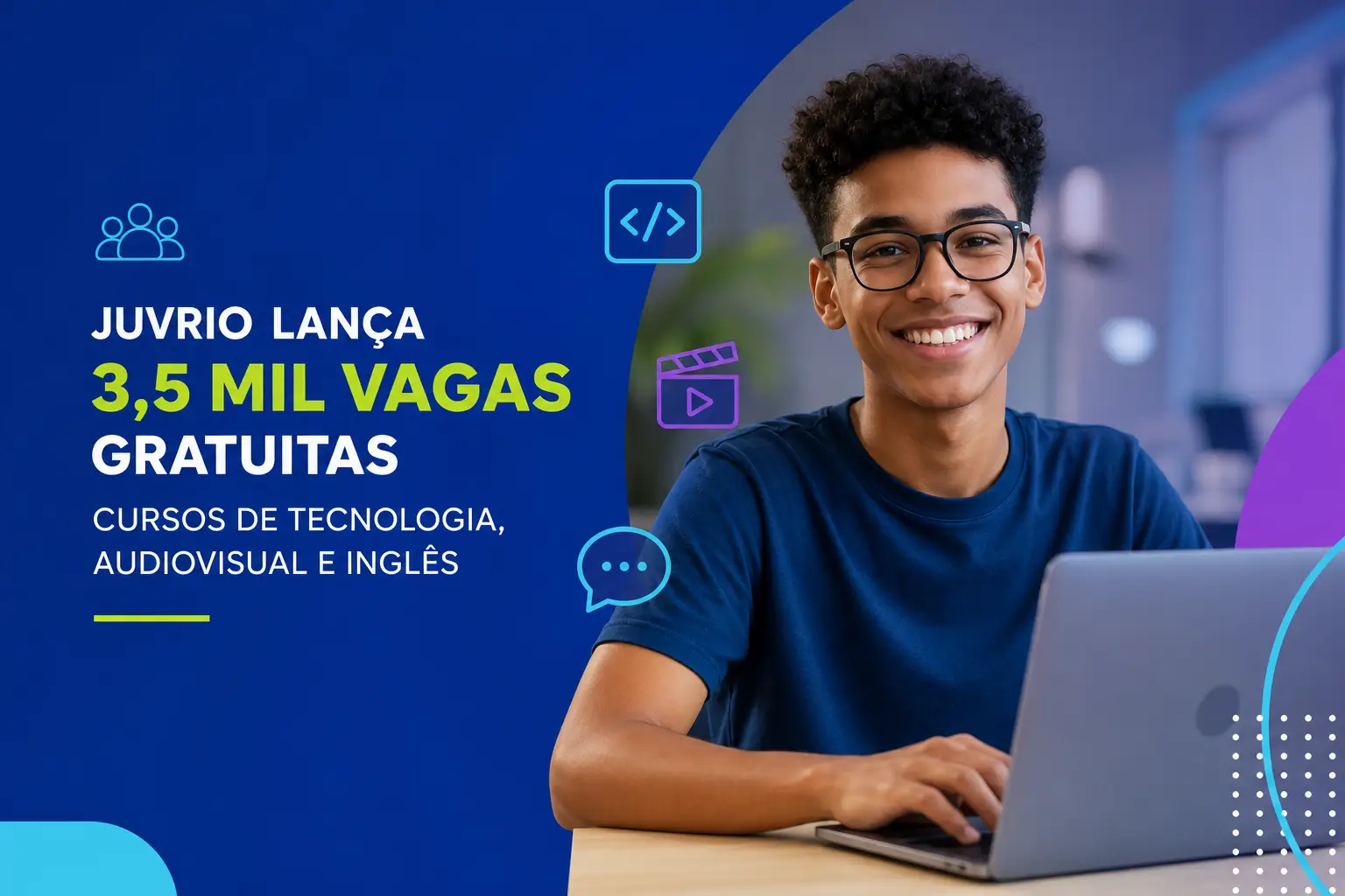 Jovem no laptop com 3,5 mil vagas Juvrio em 2026