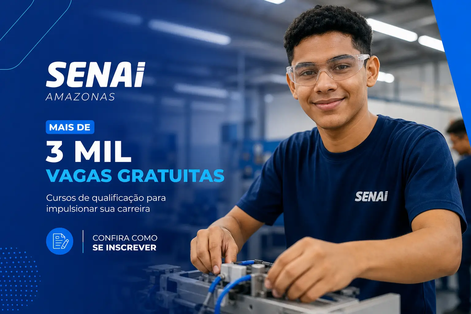 Jovem no SENAI ajustando maquinaria em oficina, educação financeira 2026