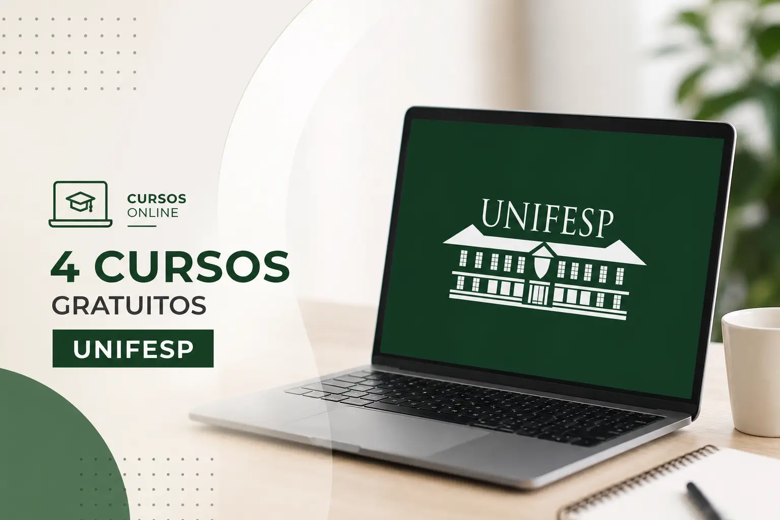 Laptop com tela verde e logo da UNIFESP para cursos gratuitos