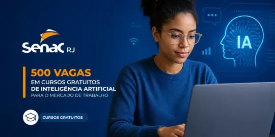 Mulher focada em laptop com ícones de IA e texto promocional