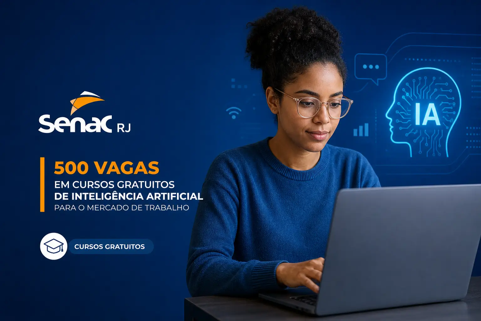 Mulher focada em laptop com ícones de IA e texto promocional