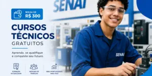 Jovem em uniforme SENAI em oficina, cursos técnicos gratuitos