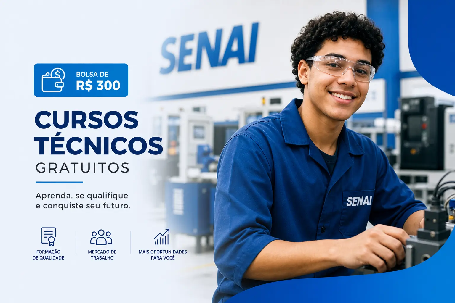 Jovem em uniforme SENAI em oficina, cursos técnicos gratuitos