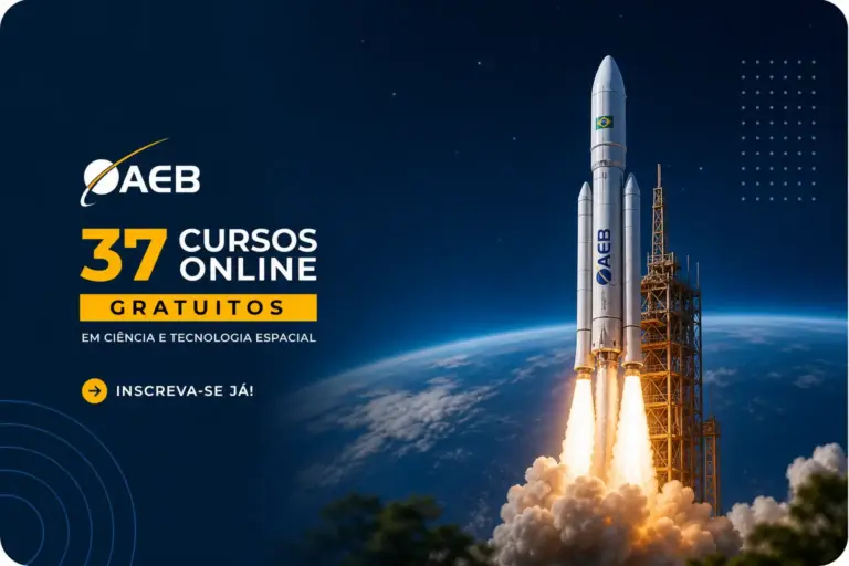 Lançamento de foguete com bandeira do Brasil promovendo cursos de tecnologia