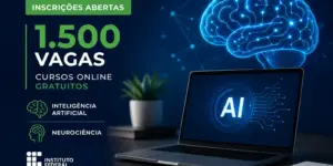 Interface digital de IA com notebook e inscrições abertas 2026