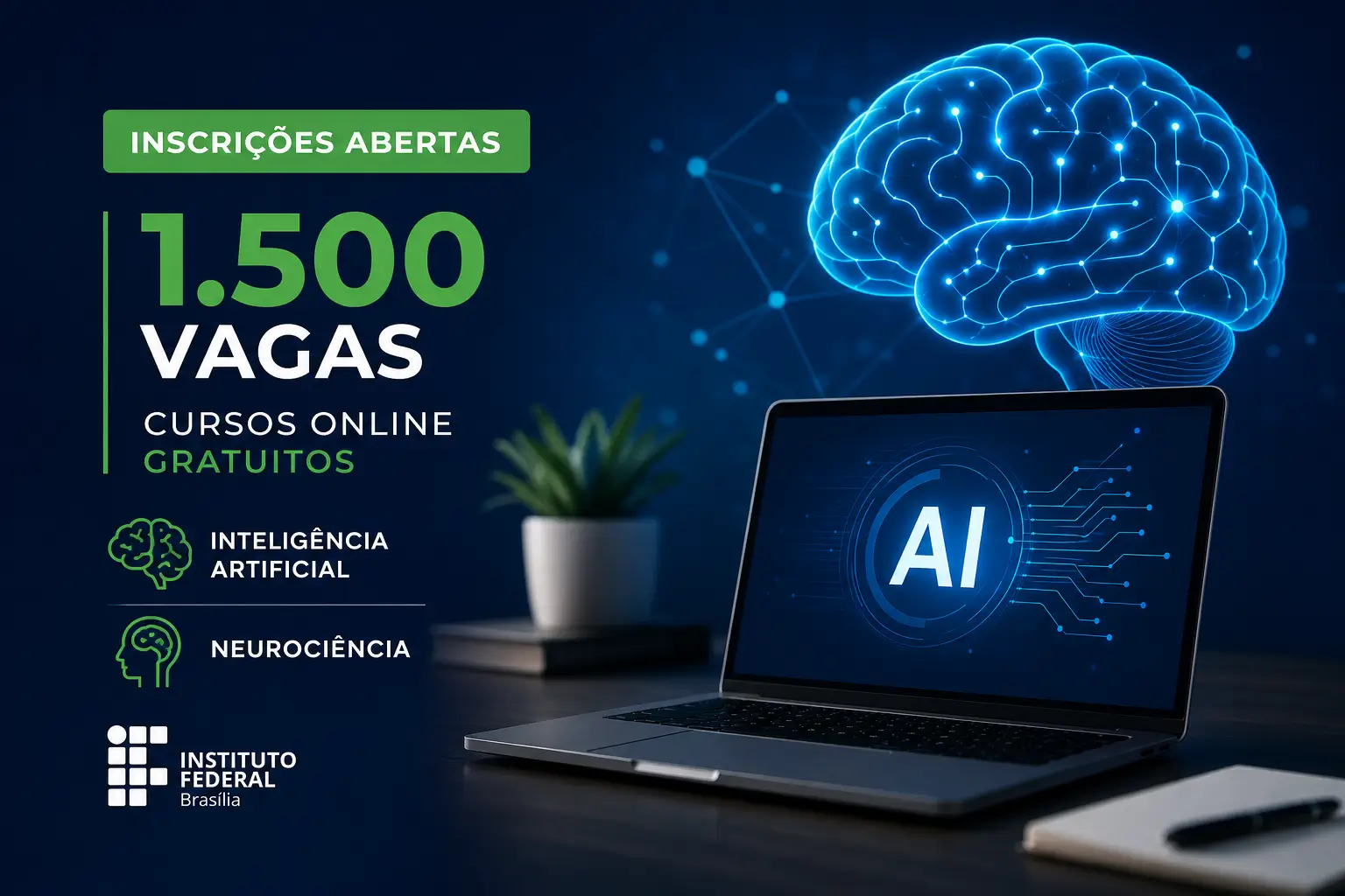 Interface digital de IA com notebook e inscrições abertas 2026