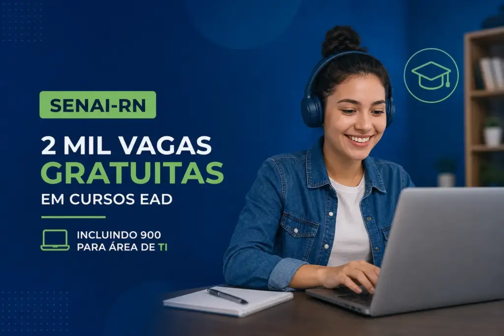Jovem mulher estudando cursos EAD grátis com SENAI-RN em 2026