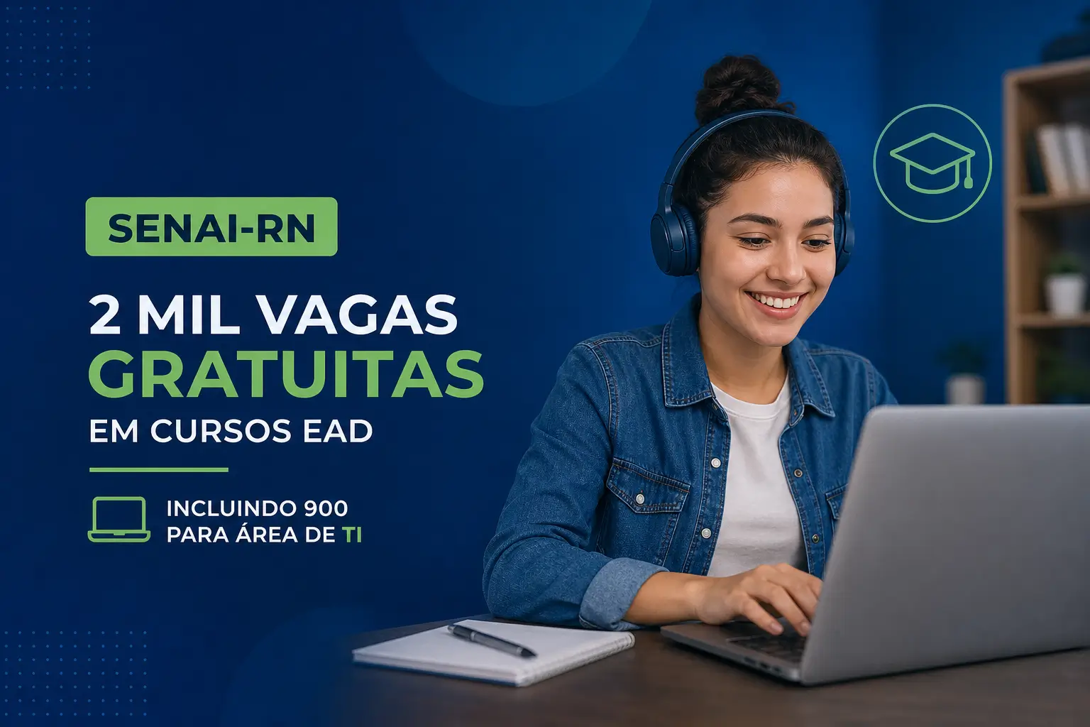 Jovem mulher estudando cursos EAD grátis com SENAI-RN em 2026
