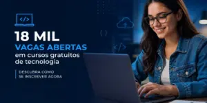 Mulher jovem digitando em laptop com ícones de tecnologia ao fundo