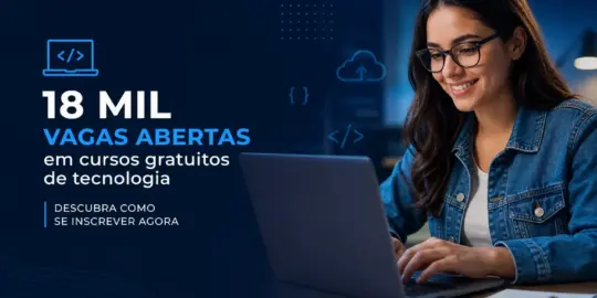 Mulher jovem digitando em laptop com ícones de tecnologia ao fundo