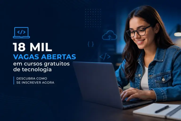 Mulher jovem digitando em laptop com ícones de tecnologia ao fundo