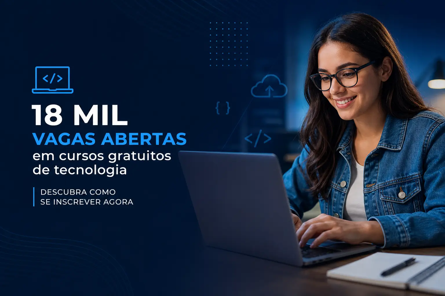 Mulher jovem digitando em laptop com ícones de tecnologia ao fundo