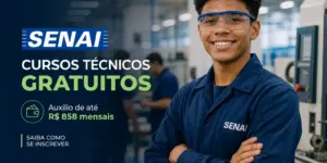 Jovem no SENAI com uniforme azul para educação financeira 2026
