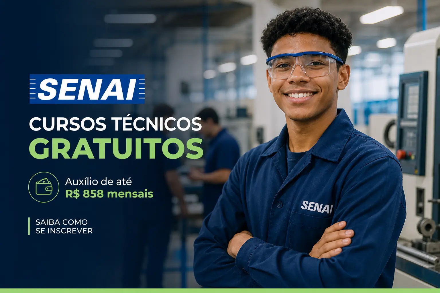 Jovem no SENAI com uniforme azul para educação financeira 2026