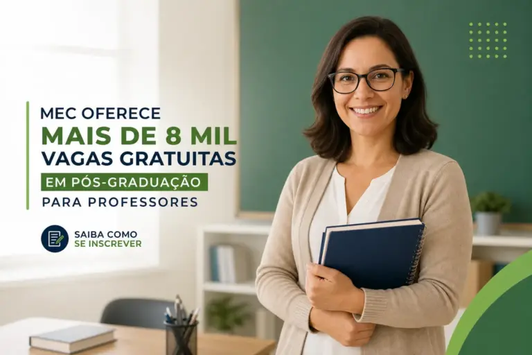 Mulher sorridente em sala com quadro-negro e livros anunciando vagas para professores