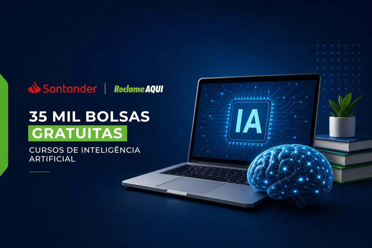Bolsa gratuita IA: Laptop com icon IA e cérebros conectados