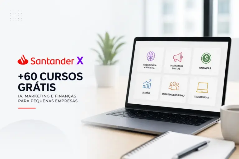 Laptop com ícones de cursos em AI, Marketing e Finanças para 2026