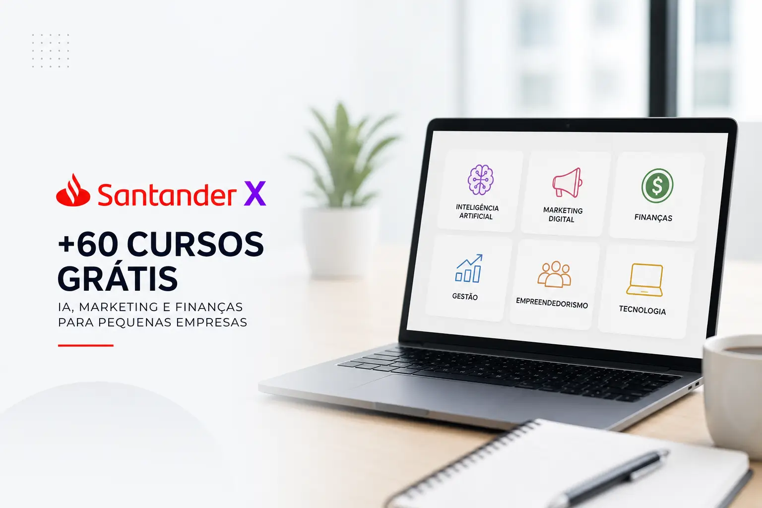Laptop com ícones de cursos em AI, Marketing e Finanças para 2026