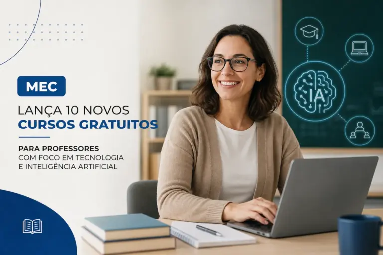 Mulher sorridente com laptop e lousa de educação financeira de 2026