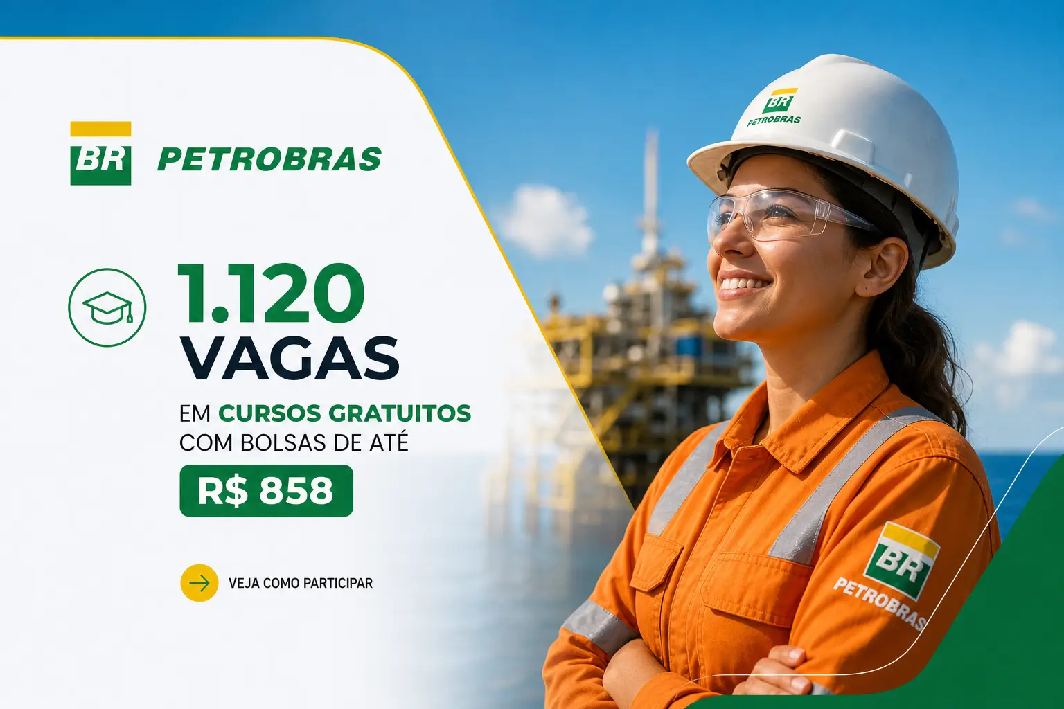 Mulher sorridente em plataforma com texto sobre cursos gratuitos Petrobras