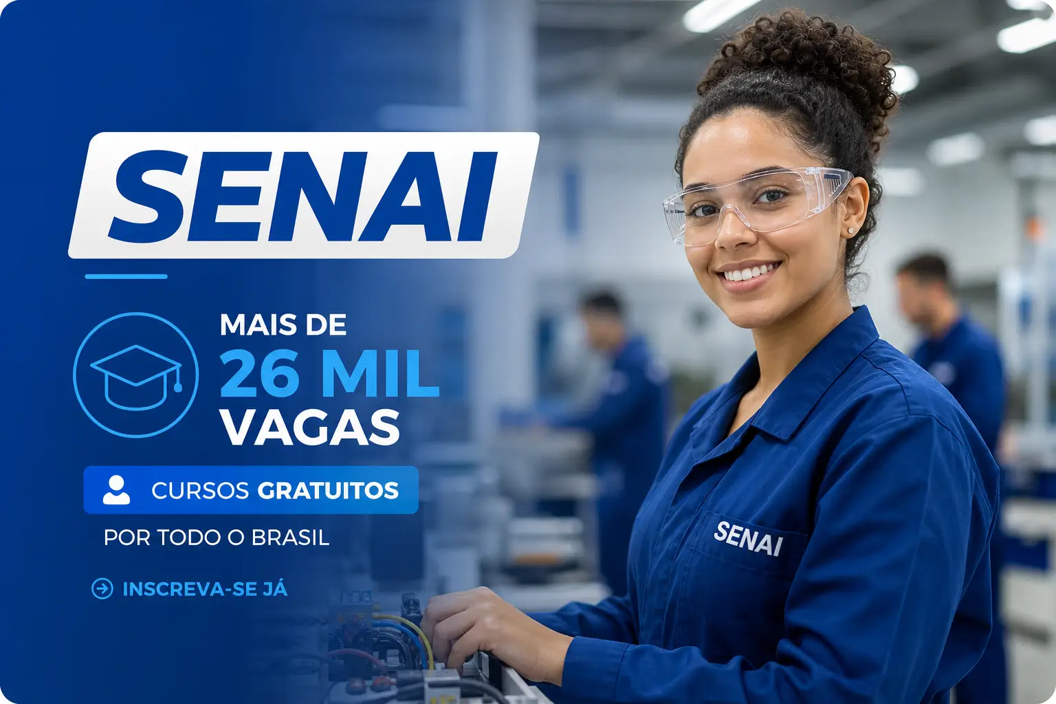 Jovem mulher no SENAI com vagas gratuitas cursos Brasil