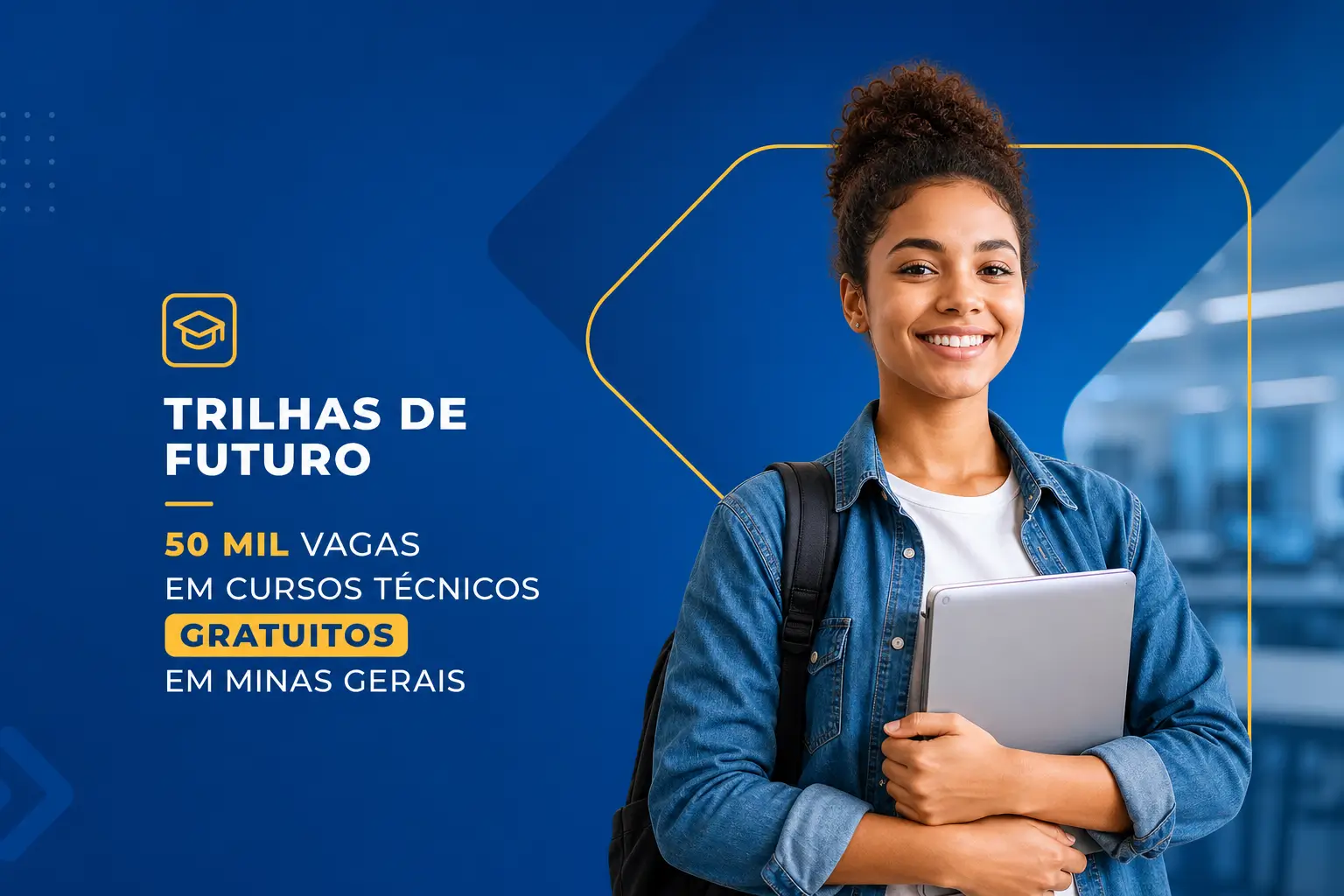 Jovem sorrindo com tablet, cursos gratuitos Minas Gerais